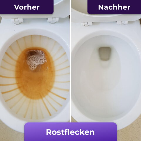 FizzClean Vorher-Nachher-Vergleich einer Toilette mit Ablagerungen und gereinigtem Ergebnis